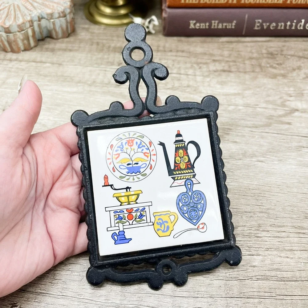 Vintage Cast Iron Ceramic Tile Trivet Japan Folk Art Scandinavian Kitchen Decor